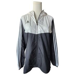 Adidas Womens Windbreaker Jacket Black White Hooded Full Zip Mesh Lined Size M
